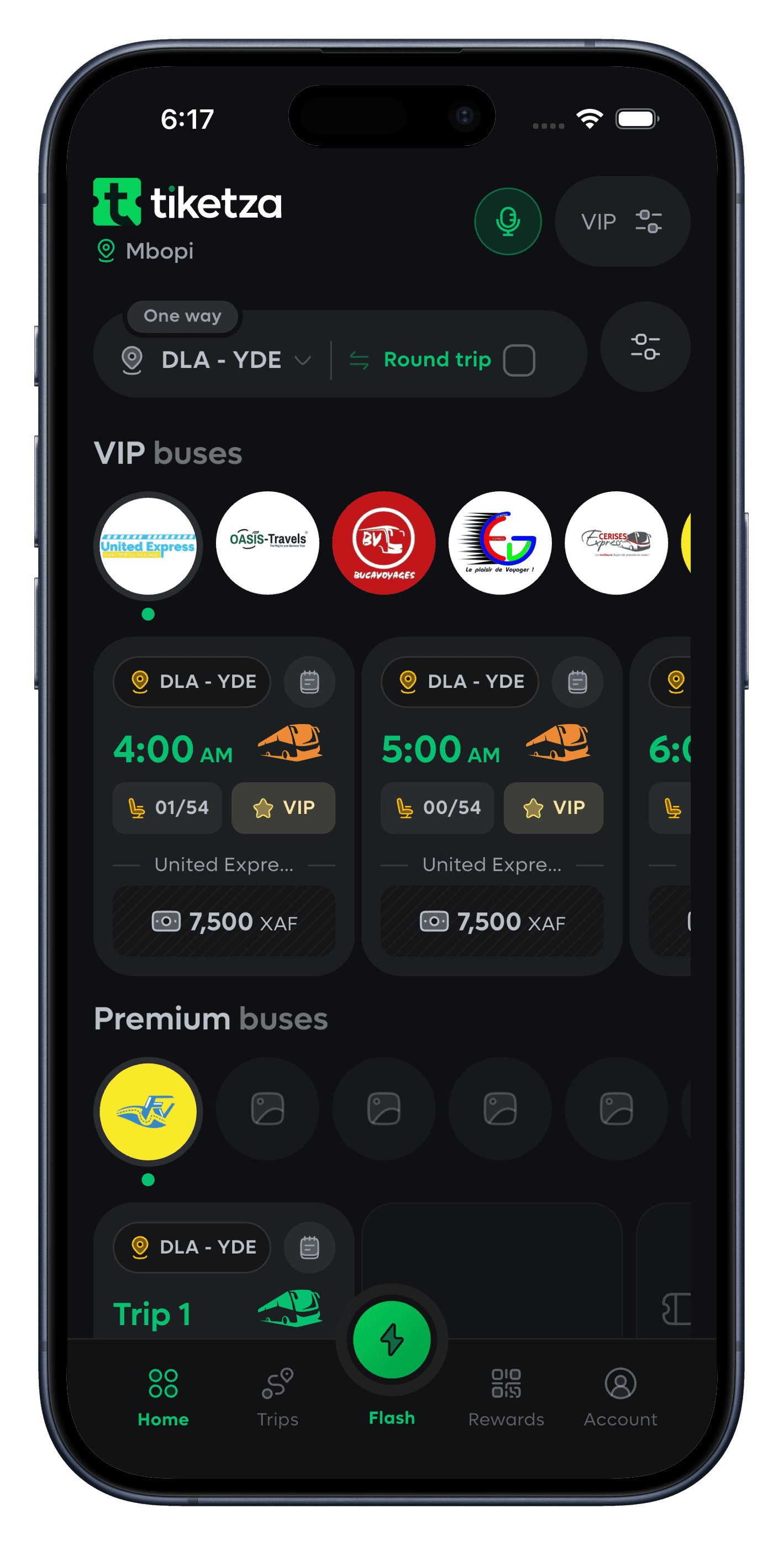 The Tiketza app showing VIP departures from Douala to Yaoundé, with times, seats left and fares